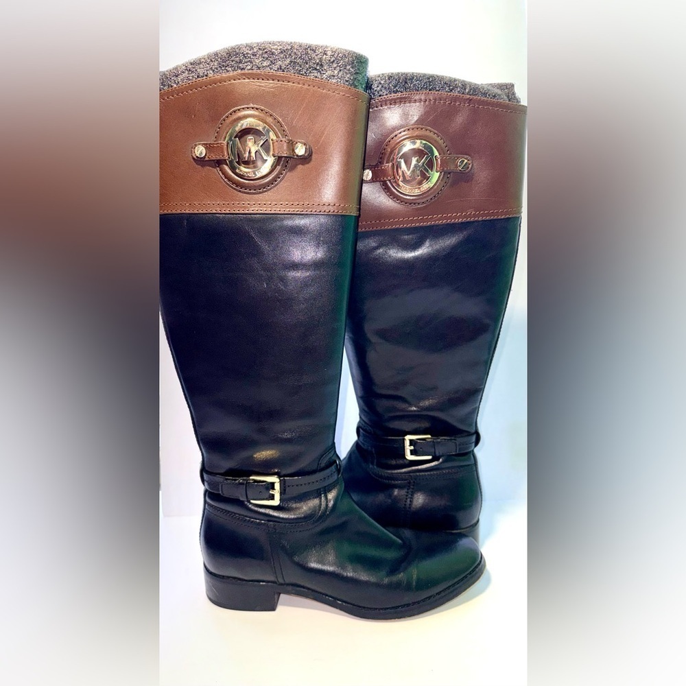 Michael Kors Stockard Two-Tone Black & Mocha Brown Leather Riding Boots - 8 - Picture 2 of 8